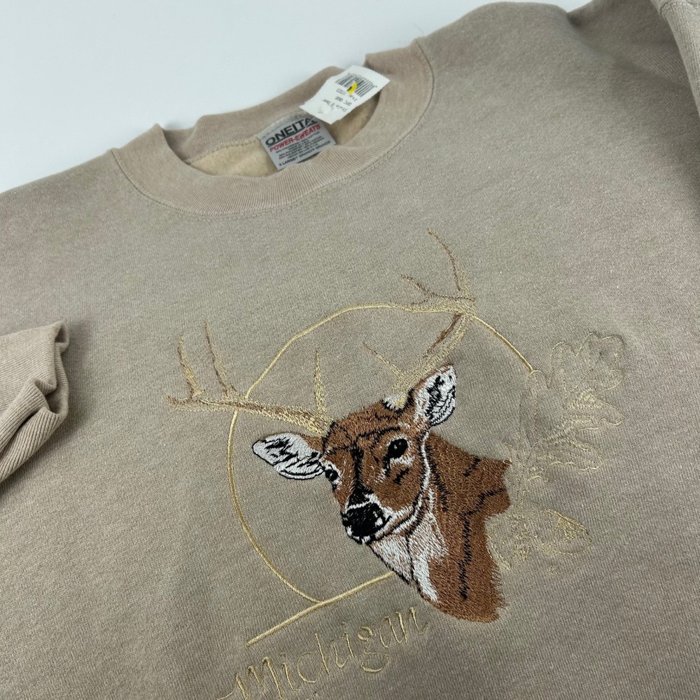 Oneita Power Sweats XL VTG Crewneck Michigan Deer Embroidered NEW Tan USA